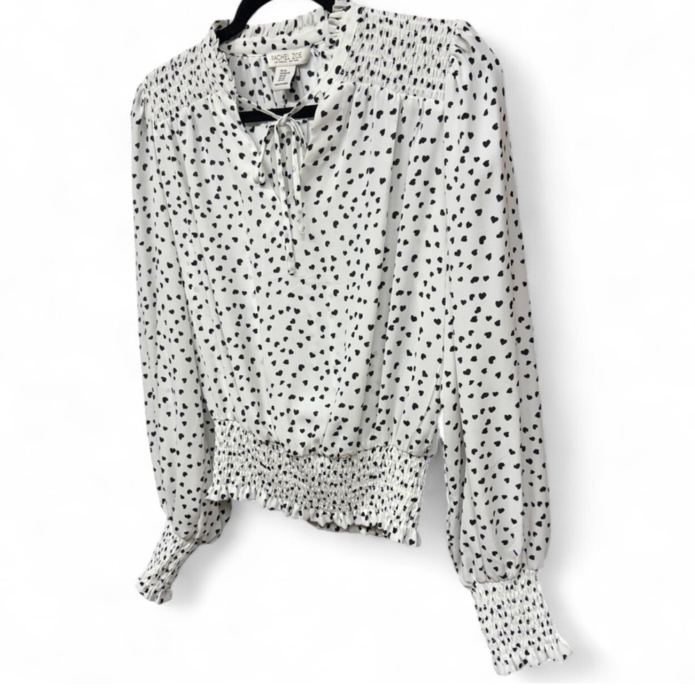 Rachel Zoe Heart Print Smocked Waist Tie Neck Blouse White Black XS - Picture 3 of 9